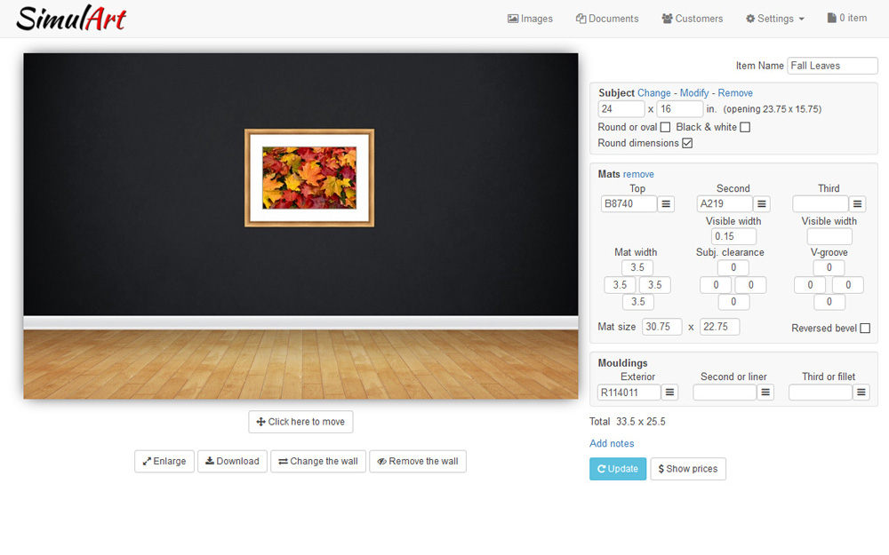 SimulArt Picture Framing Software Prices, Visualization, and